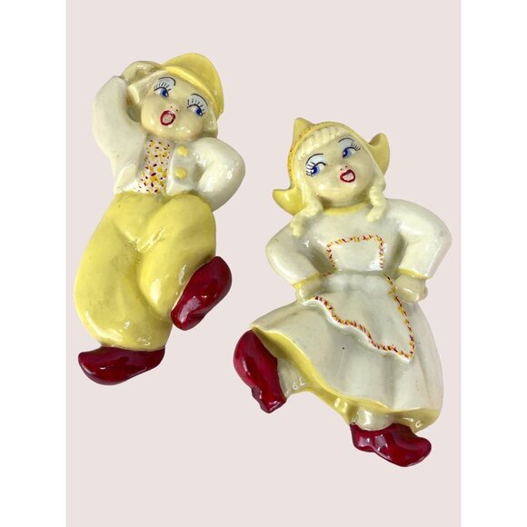 Plaster Wall Plaques Other - Dutch Girl Boy Plaster Wall Plaques Vintage Handpainted 5" Tall